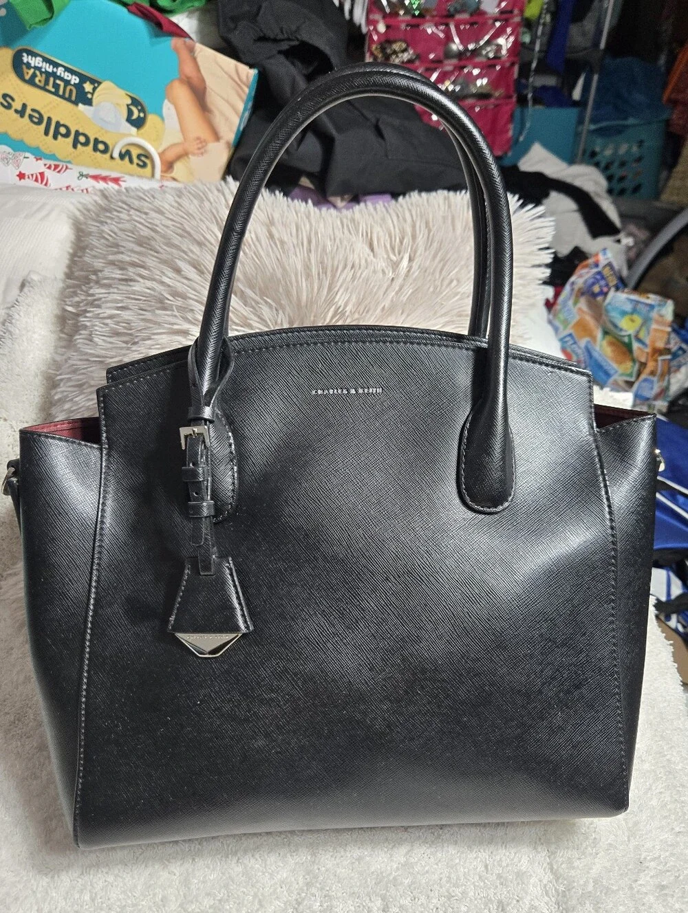 Charles And Keith Structured Top Handle Tote Bag Black